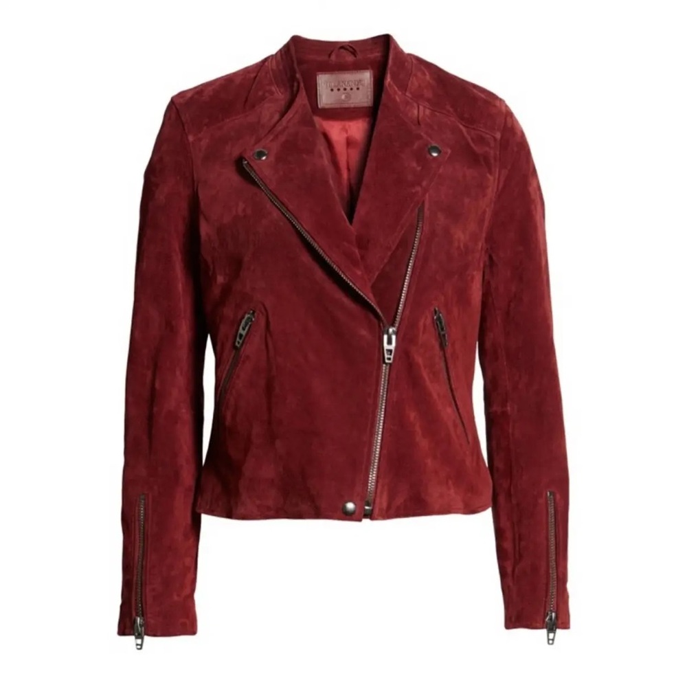 BLANK NYC No Limit Moto Suede Leather Jacket in Ruby Red - XS